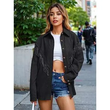 Nlife Womens Nashville Sparkly Rhinestone Fringe Buttons Shacket Concert Outfits Long Sleeves Spakle Tassel Shirt Jacket
