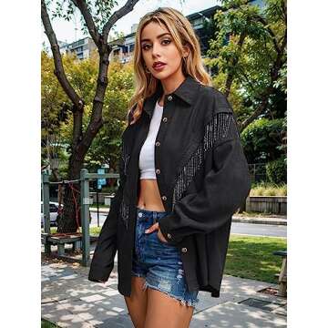 Nlife Womens Nashville Sparkly Rhinestone Fringe Buttons Shacket Concert Outfits Long Sleeves Spakle Tassel Shirt Jacket