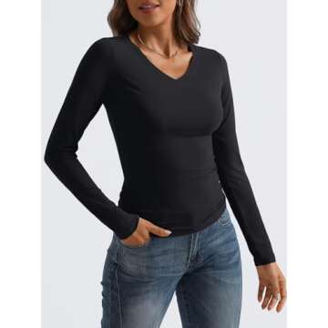 Trendy Queen Long Sleeve Shirts for Women 2024 Fall Fashion V Neck Basics Crop Tops Layering Slim Fitted Y2K Tops Black M