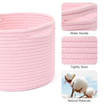 MiniArk Small Storage Basket for Organizing | Cube Shelf Closet Storage Baskets | 9.7×9.7×7.1” Cute Baby Basket for Nursery | Woven Rope Basket Bins | Gift Basket Easter | Round 3 Packs Light Pink