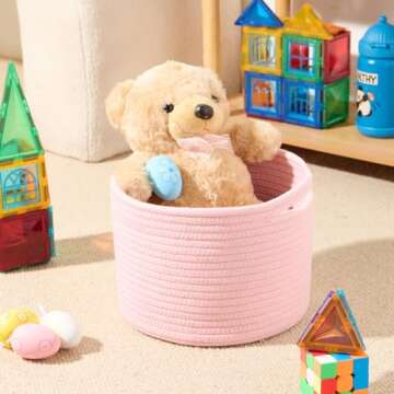 MiniArk Small Storage Basket for Organizing | Cube Shelf Closet Storage Baskets | 9.7×9.7×7.1” Cute Baby Basket for Nursery | Woven Rope Basket Bins | Gift Basket Easter | Round 3 Packs Light Pink