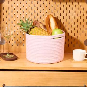 MiniArk Small Storage Basket for Organizing | Cube Shelf Closet Storage Baskets | 9.7×9.7×7.1” Cute Baby Basket for Nursery | Woven Rope Basket Bins | Gift Basket Easter | Round 3 Packs Light Pink