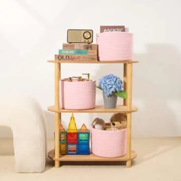 MiniArk Small Storage Basket for Organizing | Cube Shelf Closet Storage Baskets | 9.7×9.7×7.1” Cute Baby Basket for Nursery | Woven Rope Basket Bins | Gift Basket Easter | Round 3 Packs Light Pink