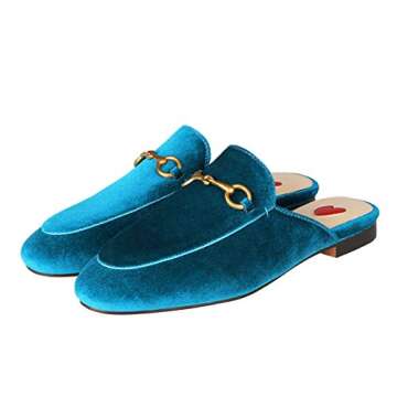 Arqa Mules for Women Almond Toe Velvet Flats Slip-on Comfort Backless Loafers Buckle Mule Shoes Blue...
