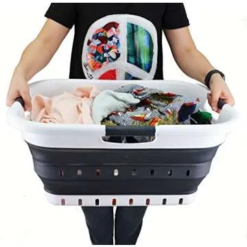 SAMMART 41L (10.8 gallon) Set of 2 Collapsible 3 Handled Plastic Laundry Basket-Foldable Pop Up Storage Container/Organizer-Space Saving Hamper/Basket (2, Black)