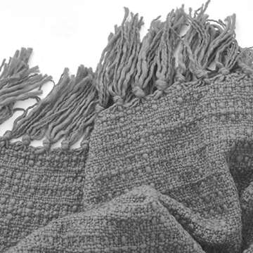 PANDATEX Thick Chunky Grey Knitted Throw Blanket for Couch Chair Sofa Bed, Chic Boho Style Textured Basket Weave Pattern Blanket with Decorative Fringe, 50"x60"