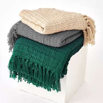 PANDATEX Thick Chunky Grey Knitted Throw Blanket for Couch Chair Sofa Bed, Chic Boho Style Textured Basket Weave Pattern Blanket with Decorative Fringe, 50"x60"