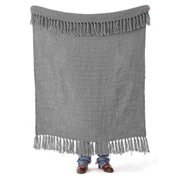 PANDATEX Thick Chunky Grey Knitted Throw Blanket for Couch Chair Sofa Bed, Chic Boho Style Textured Basket Weave Pattern Blanket with Decorative Fringe, 50"x60"