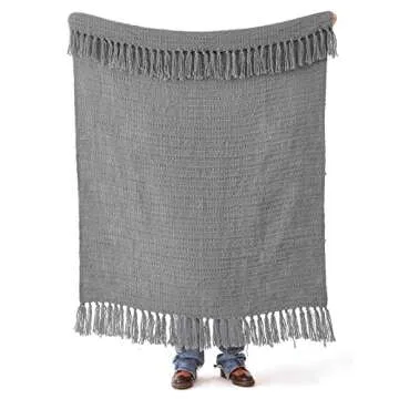 PANDATEX Thick Chunky Grey Knitted Throw Blanket for Couch Chair Sofa Bed, Chic Boho Style Textured Basket Weave Pattern Blanket with Decorative Fringe, 50"x60"