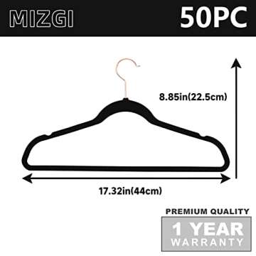 MIZGI Premium Velvet Hangers (50 Pack) Heavy Duty - Non Slip Felt Hangers - Velvet Suit Hangers Black - Rose Gold Hooks,Space Saving Clothes Hangers