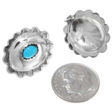 Handcrafted Cute Native American Turquoise Concho Earrings Sterling Silver Studs 0914