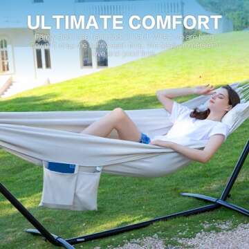PNAEUT Double Hammock with Space Saving Steel Stand 2 Person Heavy Duty Garden Yard Outdoor 450lb Capacity Hammocks (Beige)