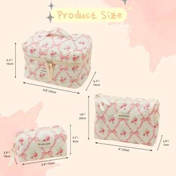 BILIPOPX Cute Makeup Bag Aesthetic Floral Quilted Cotton Cosmetic Bag Travel Organizer Toiletry Pouch 3 Pack Set (01Pink Bow)