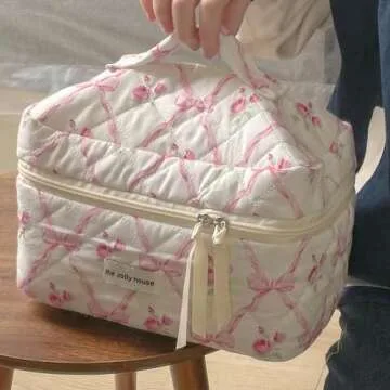 BILIPOPX Cute Makeup Bag Aesthetic Floral Quilted Cotton Cosmetic Bag Travel Organizer Toiletry Pouch 3 Pack Set (01Pink Bow)