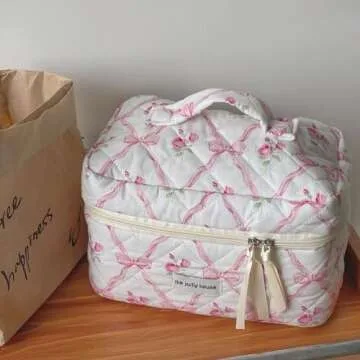 BILIPOPX Cute Makeup Bag Aesthetic Floral Quilted Cotton Cosmetic Bag Travel Organizer Toiletry Pouch 3 Pack Set (01Pink Bow)