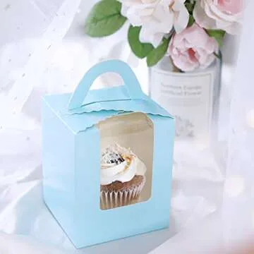 EUSOAR Cupcake Boxes, 25pcs 3.6"x 3.6"x 4.3" Single Cupcake Carrier Containers, Muffin Cupcake Gift Boxes Individual with Window Inserts Handle, for Wedding Birthday Party Treats Gift Packaging Boxes