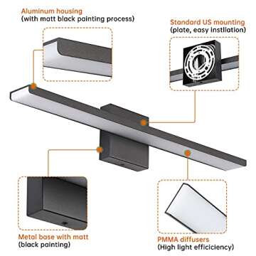 JUSHENG Black Bathroom Vanity Light Fixtures 24 Inch Modern LED Vanity Lighting Bathroom Lights Over Mirror Wall Sconce 24W 6000K Cool White