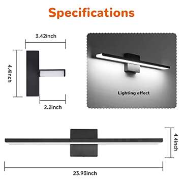 JUSHENG Black Bathroom Vanity Light Fixtures 24 Inch Modern LED Vanity Lighting Bathroom Lights Over Mirror Wall Sconce 24W 6000K Cool White