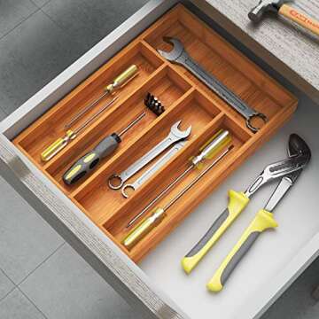 BAMEOS Drawer Organizer Bamboo Silverware Holder, Cutlery Tray 9.76 inches Flatware and Utensil Organizer for Knife Spoon Tool Kitchen Garage