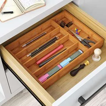 BAMEOS Drawer Organizer Bamboo Silverware Holder, Cutlery Tray 9.76 inches Flatware and Utensil Organizer for Knife Spoon Tool Kitchen Garage