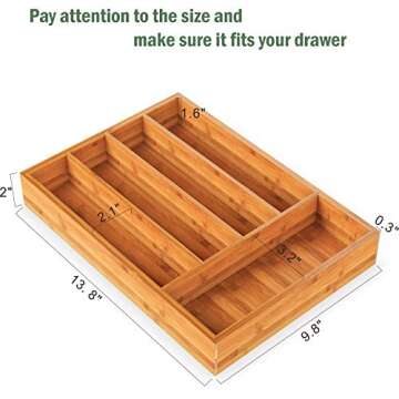 BAMEOS Drawer Organizer Bamboo Silverware Holder, Cutlery Tray 9.76 inches Flatware and Utensil Organizer for Knife Spoon Tool Kitchen Garage