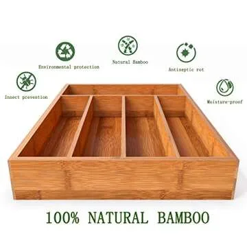 BAMEOS Drawer Organizer Bamboo Silverware Holder, Cutlery Tray 9.76 inches Flatware and Utensil Organizer for Knife Spoon Tool Kitchen Garage
