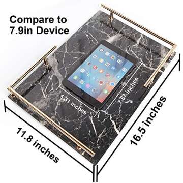 PuTwo Decorative, MDF Marble Print, Handmade, Perfume Jewelry Metal Handle, Trinket, Catchall Tray, for Dresser Bathroom Vanity Table, Black