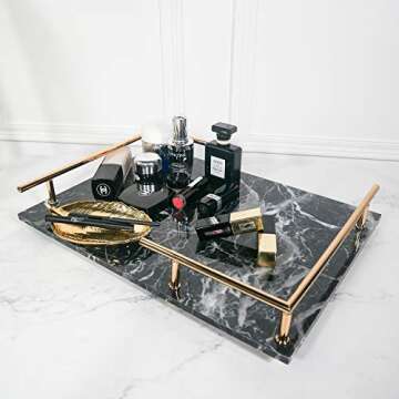 PuTwo Decorative, MDF Marble Print, Handmade, Perfume Jewelry Metal Handle, Trinket, Catchall Tray, for Dresser Bathroom Vanity Table, Black