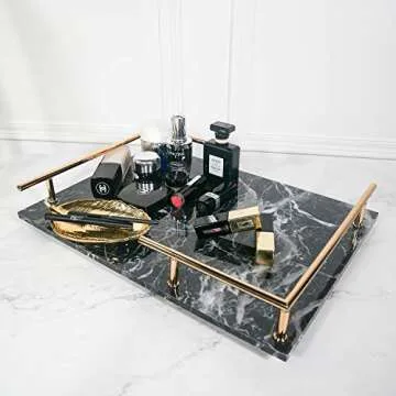 PuTwo Decorative, MDF Marble Print, Handmade, Perfume Jewelry Metal Handle, Trinket, Catchall Tray, for Dresser Bathroom Vanity Table, Black