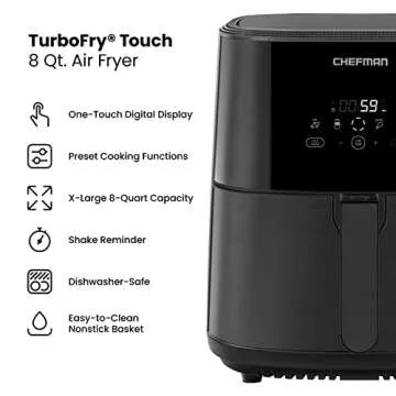 Chefman TurboFry Touch Air Fryer, 8-Quart Family Size, One-Touch Digital Controls for Healthy Cooking, Presets for French Fries, Chicken, Meat, Fish, Nonstick Dishwasher-Safe Parts, Black