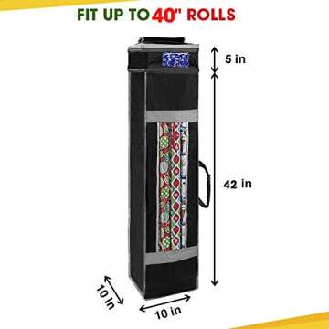 ProPik Holiday Wrapping Paper Storage Organizer Bag with Pocket and Handles Including Hanging Loop Heavy Duty Material with Clear Window 47 X 10 X 10 Inch Fits 40 Inch Long Rolls (Black, 1 Count)
