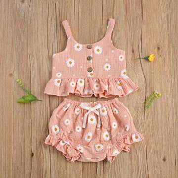 Toddler Baby Girl Cotton Linen Clothes Set Daisy Flower Print Sleeveless Ruffled Hem Tank Tops Short...