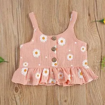 Toddler Baby Girl Cotton Linen Clothes Set Daisy Flower Print Sleeveless Ruffled Hem Tank Tops Shorts Set 2Pcs Summer Outfits (Pink, 4-5 Years)