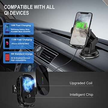 YITUMU Wireless Car Charger,15W Qi Fast Charging Auto-Clamping Air Vent Windshield Dashboard Car Pho...