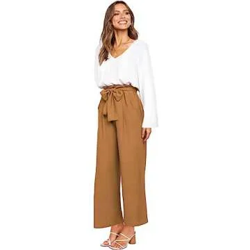 FANCYINN Womens 2 Piece Crop Pants Set V Neck Long Sleeves Tops High Waisted Cropped Paper Bag Pants with Belt Khaki Pants & White Blouse XS