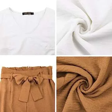 FANCYINN Womens 2 Piece Crop Pants Set V Neck Long Sleeves Tops High Waisted Cropped Paper Bag Pants with Belt Khaki Pants & White Blouse XS