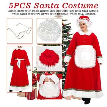 ABALAGU Mrs. Claus Costume for Women 5PCS Santa Dress Outfit Adult Christmas Santa Costume Plus Size (Red, Large)