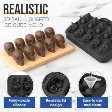 HAVOER 3D Skull Ice Cube Mold Tray -Novelty Shaped Ice Maker for Whiskey Cocktails Drinkers,Bartenders,Easy Release Silicone Kull Molds,Baking Chocolate Candy,Home Bars