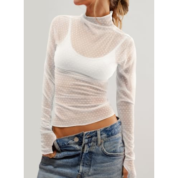Essrite Chic Mock Neck Mesh Sheer Blouse for Women
