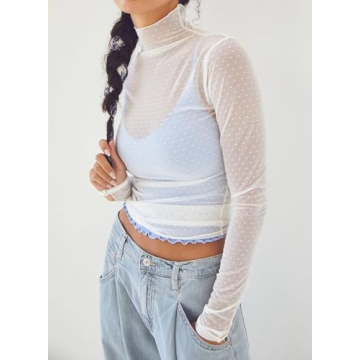 Essrite Chic Mock Neck Mesh Sheer Blouse for Women