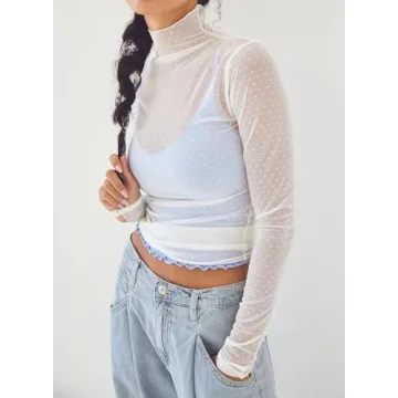 Essrite Chic Mock Neck Mesh Sheer Blouse for Women