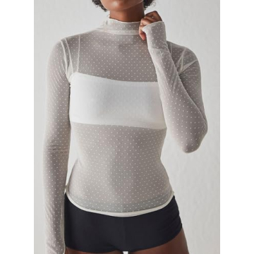 Essrite Chic Mock Neck Mesh Sheer Blouse for Women