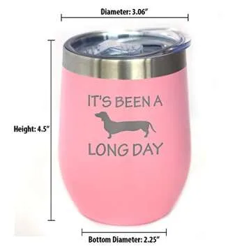 Been a Long Day - Dachshund Wine Tumbler with Sliding Lid - Stemless Stainless Steel Insulated Cup - Cute Funny Mug for Coworkers or Boss - Pink