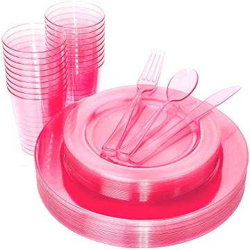 WDF 25 Guest Pink Plates with Pink Plastic Silverware&Pink Cups-Neon Clear Plastic Dinnerware include 50 Plates,25Forks, 25 Knives, 25 Spoons,25 Plastic Cups for Valentine's Day&Baby Shower