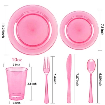 WDF 25 Guest Pink Plates with Pink Plastic Silverware&Pink Cups-Neon Clear Plastic Dinnerware include 50 Plates,25Forks, 25 Knives, 25 Spoons,25 Plastic Cups for Valentine's Day&Baby Shower
