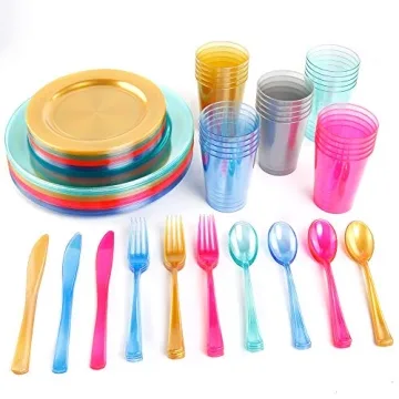 WDF 25 Guest Pink Plates with Pink Plastic Silverware&Pink Cups-Neon Clear Plastic Dinnerware include 50 Plates,25Forks, 25 Knives, 25 Spoons,25 Plastic Cups for Valentine's Day&Baby Shower