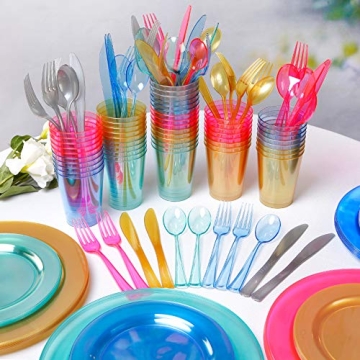 WDF 25 Guest Pink Plates with Pink Plastic Silverware&Pink Cups-Neon Clear Plastic Dinnerware include 50 Plates,25Forks, 25 Knives, 25 Spoons,25 Plastic Cups for Valentine's Day&Baby Shower