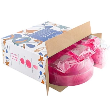 WDF 25 Guest Pink Plates with Pink Plastic Silverware&Pink Cups-Neon Clear Plastic Dinnerware include 50 Plates,25Forks, 25 Knives, 25 Spoons,25 Plastic Cups for Valentine's Day&Baby Shower