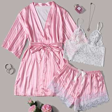 HGps8w Sleepwear for Women 3 Piece Stripe Satin Pajama Set Lingerie Lace Cami Pj Set Sexy V Neck Cami Top with Robe Pink