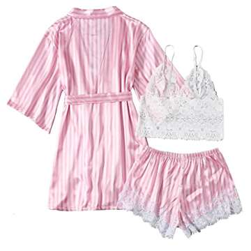 HGps8w Sleepwear for Women 3 Piece Stripe Satin Pajama Set Lingerie Lace Cami Pj Set Sexy V Neck Cami Top with Robe Pink
